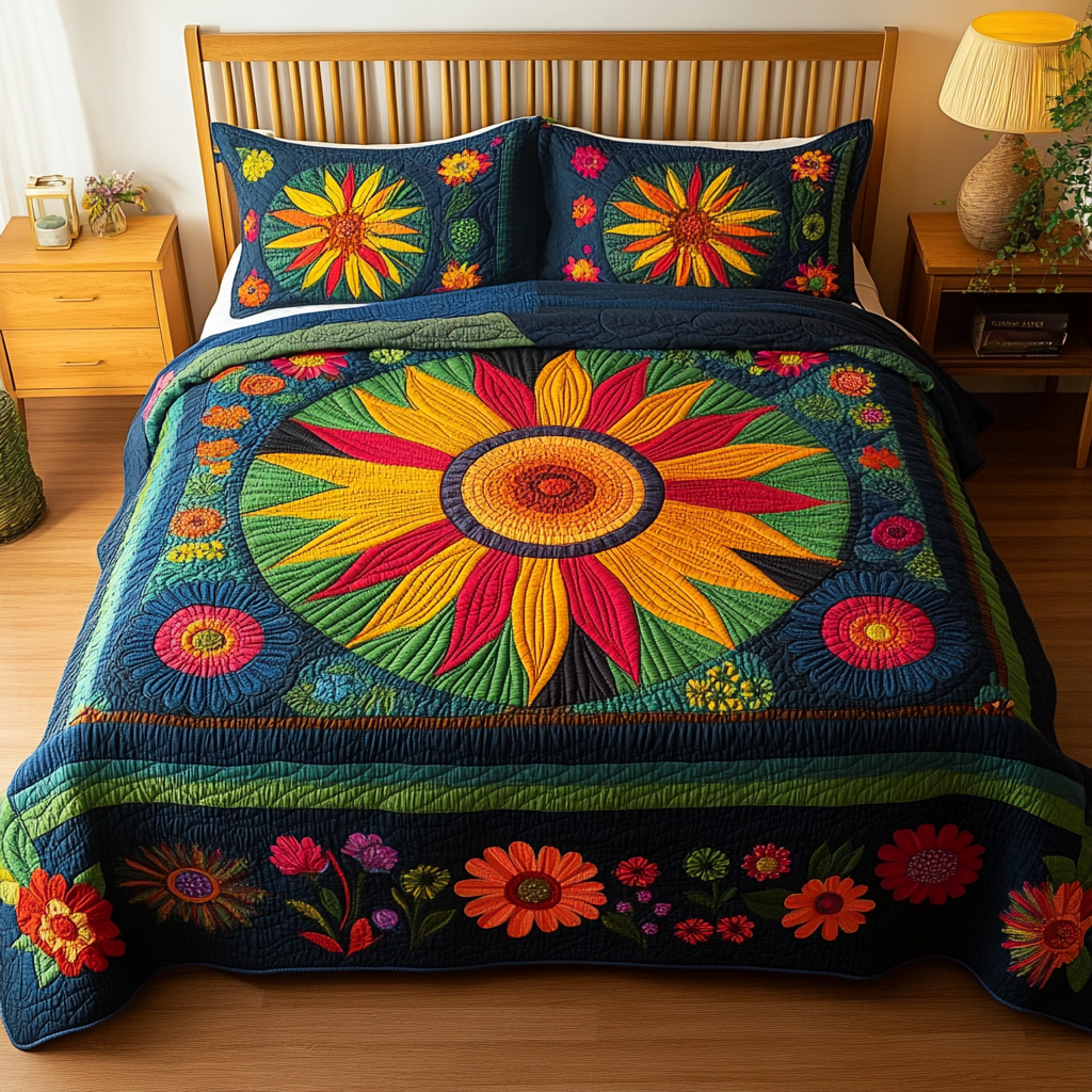 Midnight Sunflower Bliss 3-Piece Quilted Bedding Set NCU0PVL015